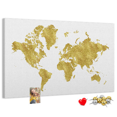 Tableau affichage liège Carte du monde dorée sur fond blanc