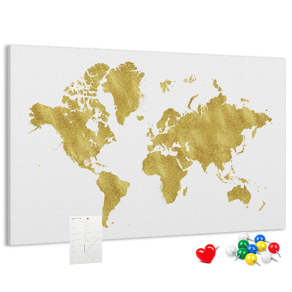 Tableau affichage liège Carte du monde dorée sur fond blanc