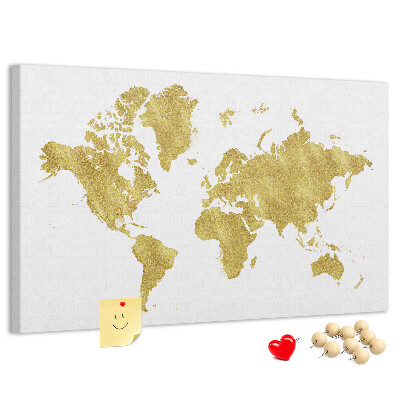 Tableau affichage liège Carte du monde dorée sur fond blanc