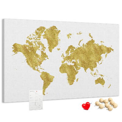 Tableau affichage liège Carte du monde dorée sur fond blanc
