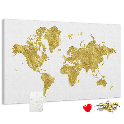 Tableau affichage liège Carte du monde dorée sur fond blanc