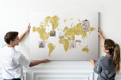 Tableau affichage liège Carte du monde dorée sur fond blanc