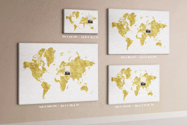 Tableau affichage liège Carte du monde dorée sur fond blanc