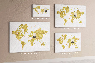 Tableau affichage liège Carte du monde dorée sur fond blanc