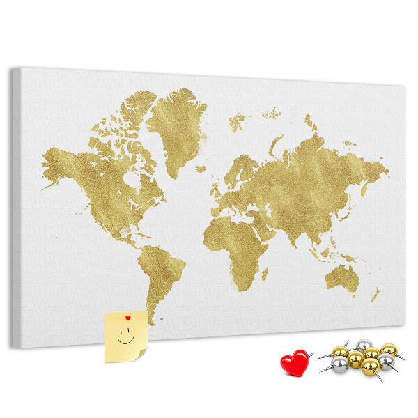Tableau affichage liège Carte du monde dorée sur fond blanc