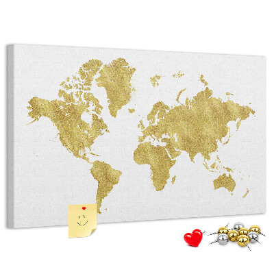 Tableau affichage liège Carte du monde dorée sur fond blanc