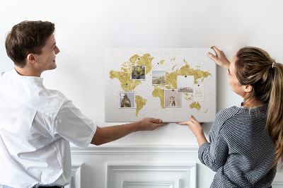 Tableau affichage liège Carte du monde dorée sur fond blanc