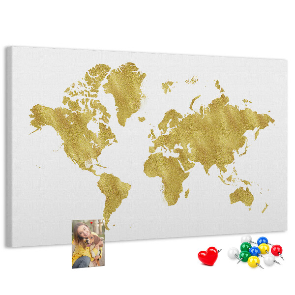 Tableau affichage liège Carte du monde dorée sur fond blanc