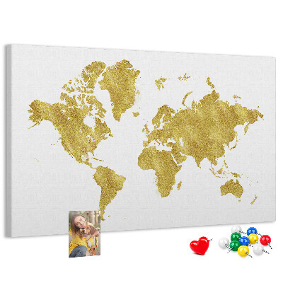 Tableau affichage liège Carte du monde dorée sur fond blanc