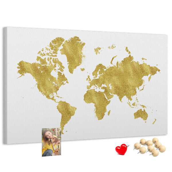 Tableau affichage liège Carte du monde dorée sur fond blanc