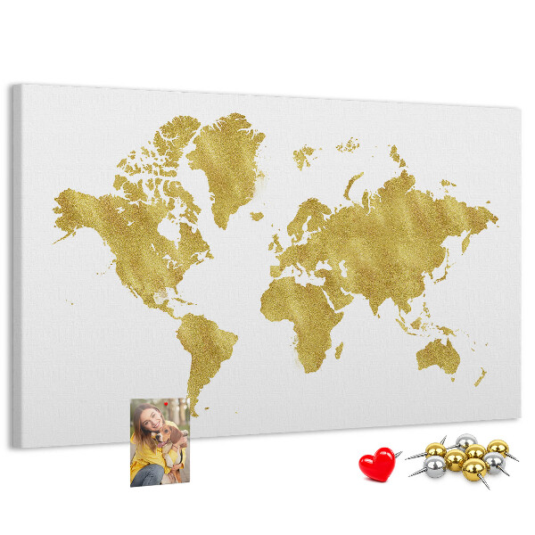 Tableau affichage liège Carte du monde dorée sur fond blanc