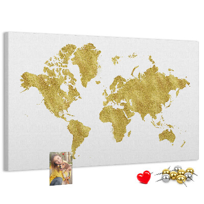 Tableau affichage liège Carte du monde dorée sur fond blanc