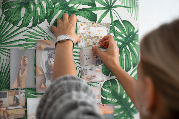 Tableau en liège De nombreuses feuilles de plantes tropicales en vert