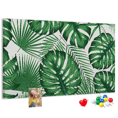 Tableau en liège De nombreuses feuilles de plantes tropicales en vert
