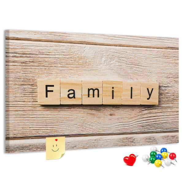 Tableau affichage liège Famille sur fond de planche en bois