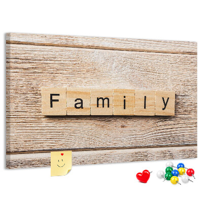 Tableau affichage liège Famille sur fond de planche en bois