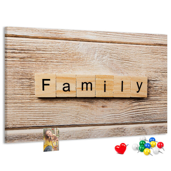 Tableau affichage liège Famille sur fond de planche en bois