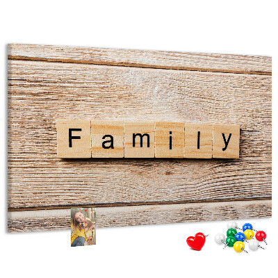 Tableau affichage liège Famille sur fond de planche en bois