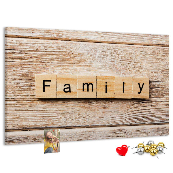 Tableau affichage liège Famille sur fond de planche en bois