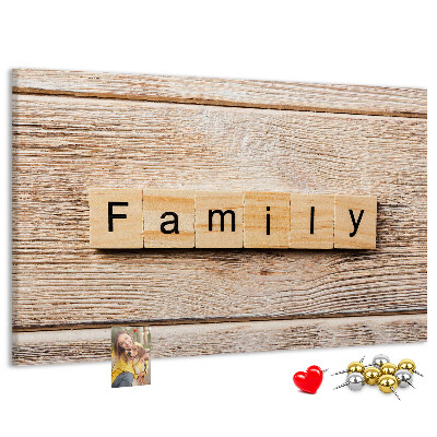 Tableau affichage liège Famille sur fond de planche en bois