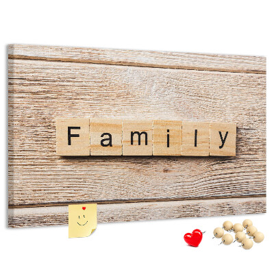 Tableau affichage liège Famille sur fond de planche en bois