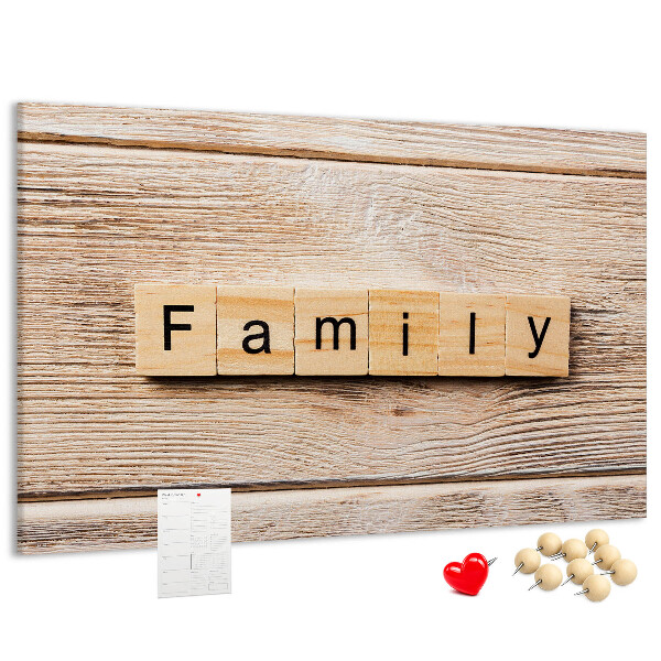 Tableau affichage liège Famille sur fond de planche en bois