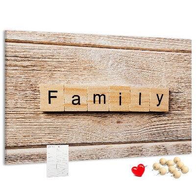 Tableau affichage liège Famille sur fond de planche en bois