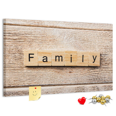 Tableau affichage liège Famille sur fond de planche en bois
