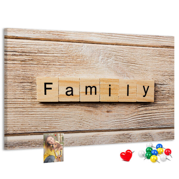 Tableau affichage liège Famille sur fond de planche en bois
