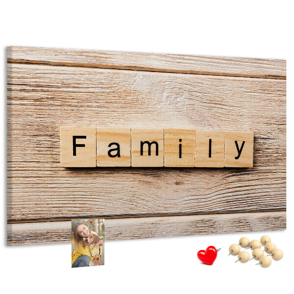 Tableau affichage liège Famille sur fond de planche en bois