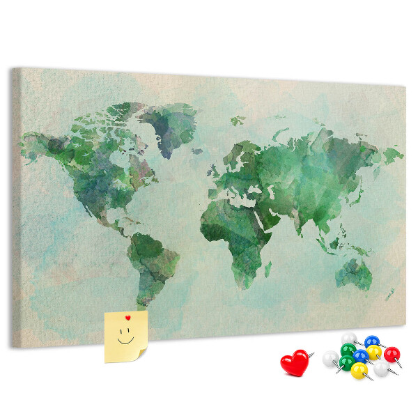 Tableau de liège carte du monde à l'aquarelle verte