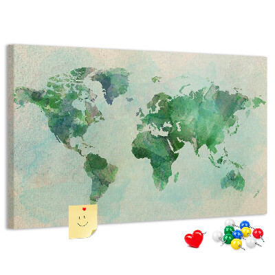 Tableau de liège carte du monde à l'aquarelle verte