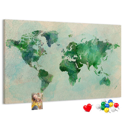 Tableau de liège carte du monde à l'aquarelle verte