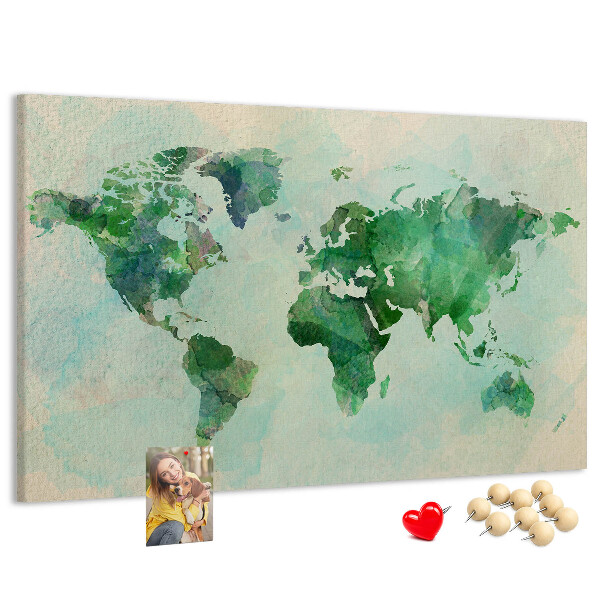 Tableau de liège carte du monde à l'aquarelle verte