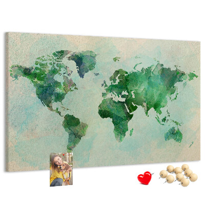 Tableau de liège carte du monde à l'aquarelle verte