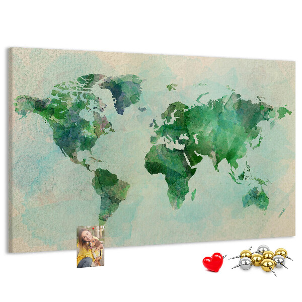 Tableau de liège carte du monde à l'aquarelle verte