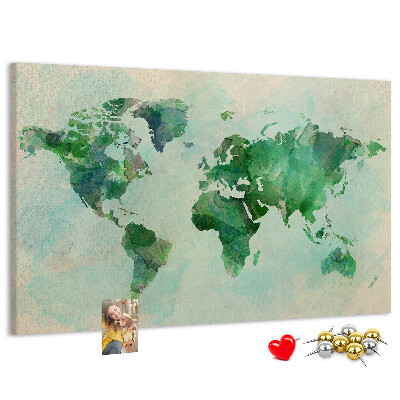 Tableau de liège carte du monde à l'aquarelle verte