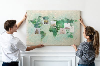 Tableau de liège carte du monde à l'aquarelle verte