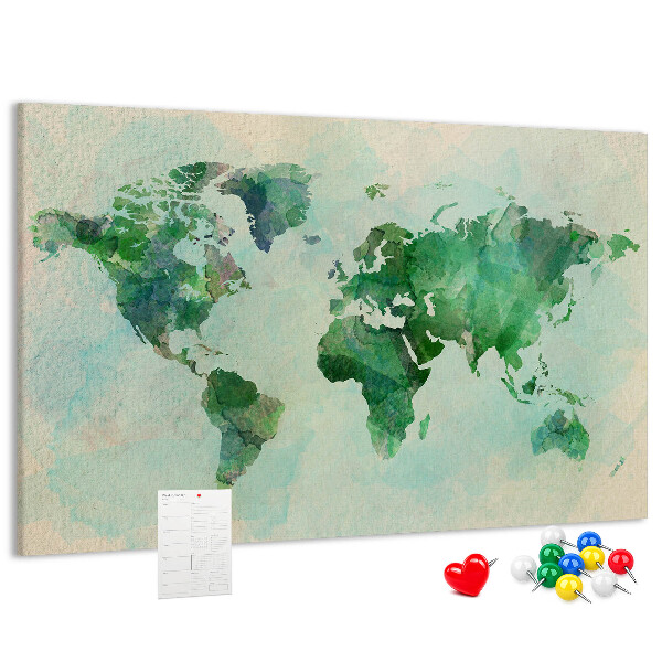 Tableau de liège carte du monde à l'aquarelle verte