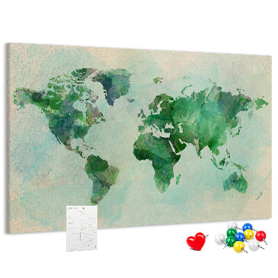 Tableau de liège carte du monde à l'aquarelle verte