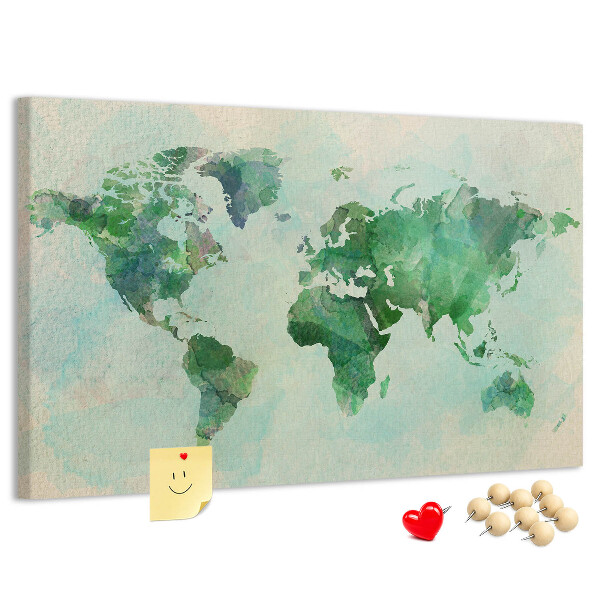 Tableau de liège carte du monde à l'aquarelle verte