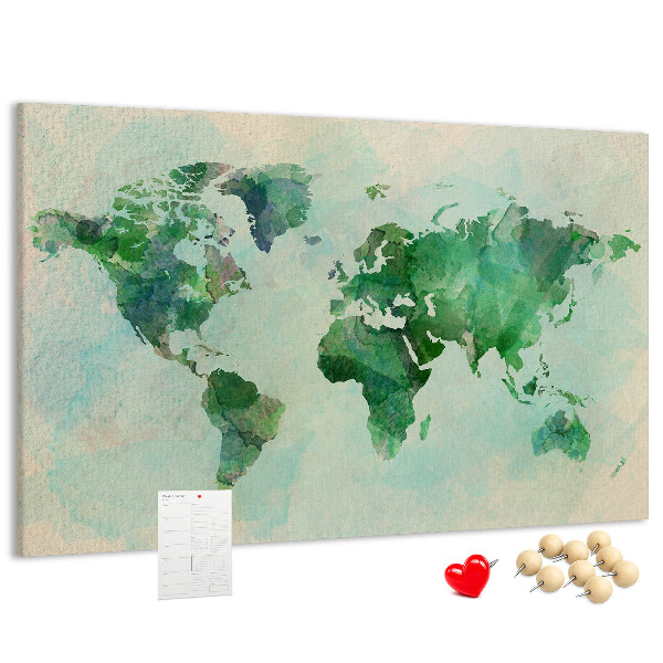 Tableau de liège carte du monde à l'aquarelle verte