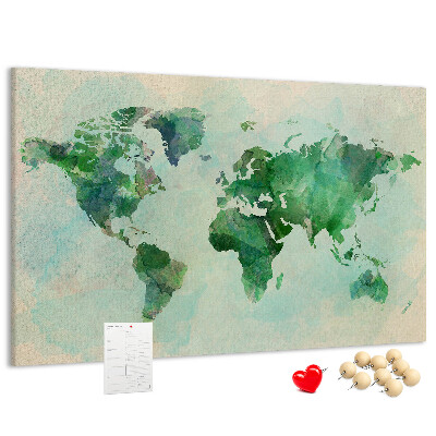 Tableau de liège carte du monde à l'aquarelle verte