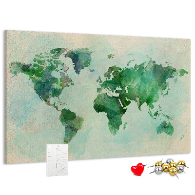 Tableau de liège carte du monde à l'aquarelle verte