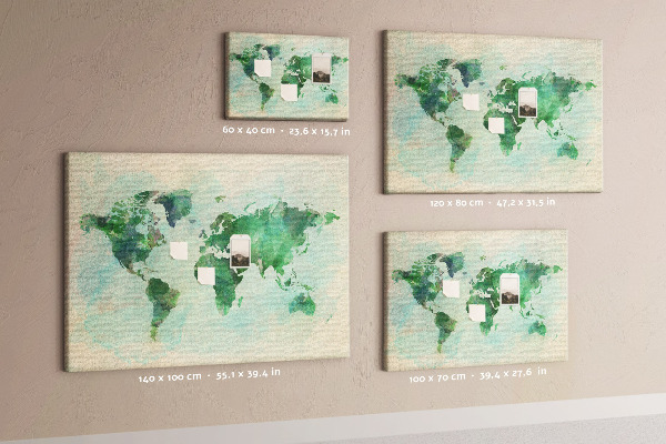 Tableau de liège carte du monde à l'aquarelle verte