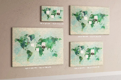 Tableau de liège carte du monde à l'aquarelle verte