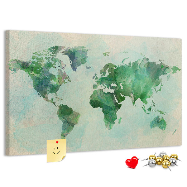 Tableau de liège carte du monde à l'aquarelle verte