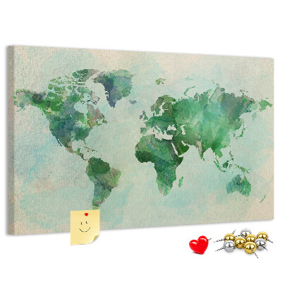 Tableau de liège carte du monde à l'aquarelle verte