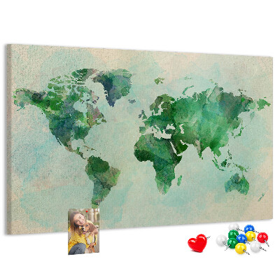 Tableau de liège carte du monde à l'aquarelle verte