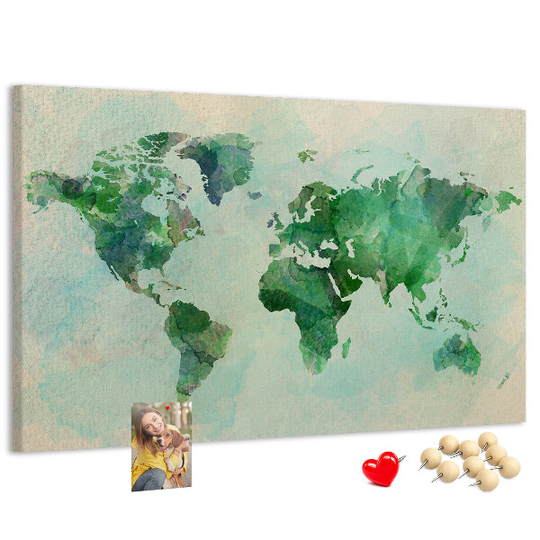 Tableau de liège carte du monde à l'aquarelle verte
